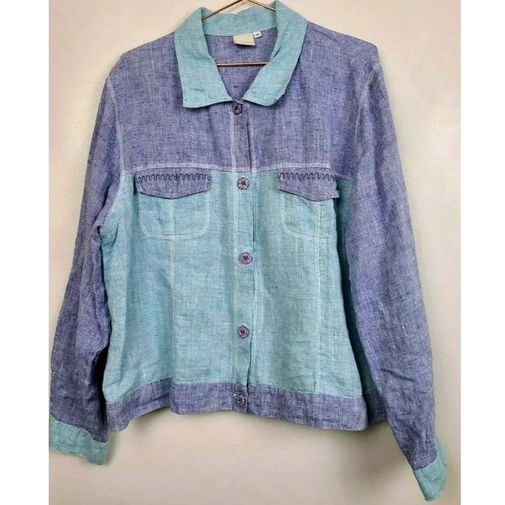 Focus 100% Linen Colorblock Jacket Womens XL Blue Teal Button Up Lightweight